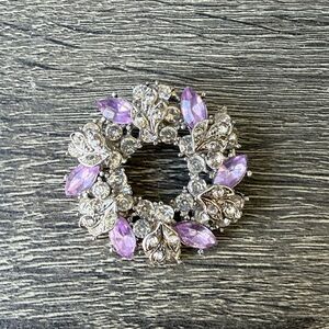 Vintage Rhinestone & Amethyst Navette Wreath Brooch Rhinestone Leaves
